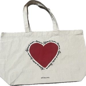 Sezane Mon Amour Cream Tote Bag with Red Heart Design NWOT